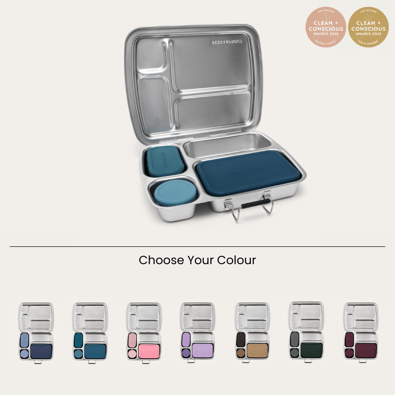 Stainless steel CrunchBox lunch box in Sea Glass, open to show four compartments and three leakproof pots with silicone lids, plus the seven colour options: Indigo, Sea Glass, Peony, Plum, Pecan, Moss and Mulberry. Clean + Conscious Awards 2025 Editor's Choice and Gold Winner.