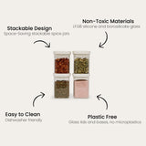4 spice jars with text around it. The text reads stackable design, non-toxic materials, easy to clean and plastic free