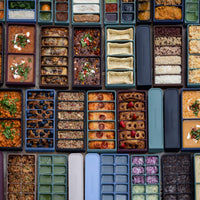 Overhead flat lay of Seed & Sprout silicone freezer trays in multiple sizes and colourways — eucalyptus green, blueberry blue, liquorice black, and mulberry red — filled with a wide variety of batch-cooked meals including soups, curries, baked goods, grains, and fruit