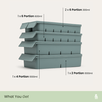 Infographic showing the four silicone freezer moulds included in the Ultimate Freezer Mould Set, stacked in sage green: 1x 6-Portion tray (600ml), 2x 6-Portion trays (300ml total), 1x 4-Portion tray (1000ml), and 1x 2-Portion tray (1000ml)